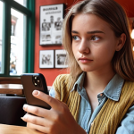**

A young woman sitting in a café, looking thoughtfully at her smartphone. In the background, blurred images of Instagram feeds with perfect-looking influencers. The overall mood is pensive and questioning. Focus on conveying the pressure of social media ideals and the search for authenticity. Colors should be modern and stylish, reflecting current trends in German café culture. Keywords: Social Media Pressure, Authenticity, Café, German Youth, Instagram.

**