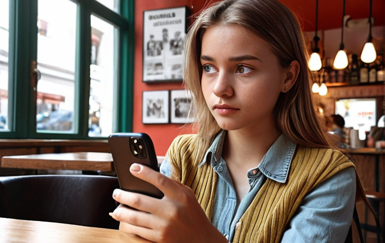 **

A young woman sitting in a café, looking thoughtfully at her smartphone. In the background, blurred images of Instagram feeds with perfect-looking influencers. The overall mood is pensive and questioning. Focus on conveying the pressure of social media ideals and the search for authenticity. Colors should be modern and stylish, reflecting current trends in German café culture. Keywords: Social Media Pressure, Authenticity, Café, German Youth, Instagram.

**