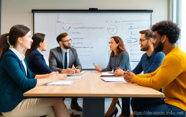 사회적 행동과 조직이론 - **Prompt:** A diverse group of five business professionals (three women, two men, ages 28-50, variou...