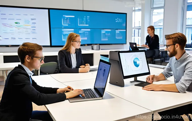 사회적 이동과 경제 구조 - **Prompt: The Digital Transformation of Work**
    "A vibrant, dynamic scene inside a modern, open-p...