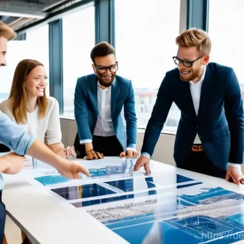 Home 28 사회적 경제학과 협력 구조 - **Prompt 1: The Heart of Social Enterprise**
An uplifting and dynamic image set in a bright, mod...