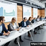 미래사회학과 AI 윤리 - A modern European urban setting with diverse people engaging in a public debate about artificial int...