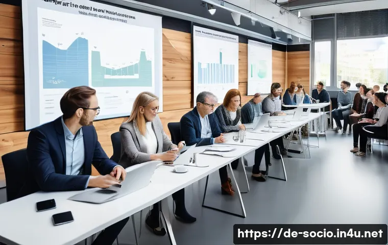 미래사회학과 AI 윤리 - A modern European urban setting with diverse people engaging in a public debate about artificial int...