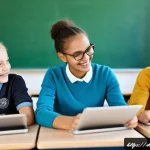 사회구조와 기능주의 - A vibrant classroom scene in a modern German school, showing diverse students actively engaged in bo...