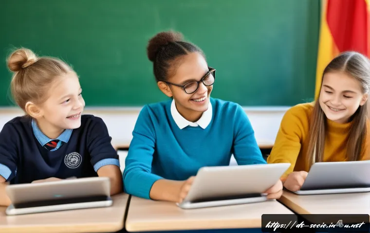 사회구조와 기능주의 - A vibrant classroom scene in a modern German school, showing diverse students actively engaged in bo...
