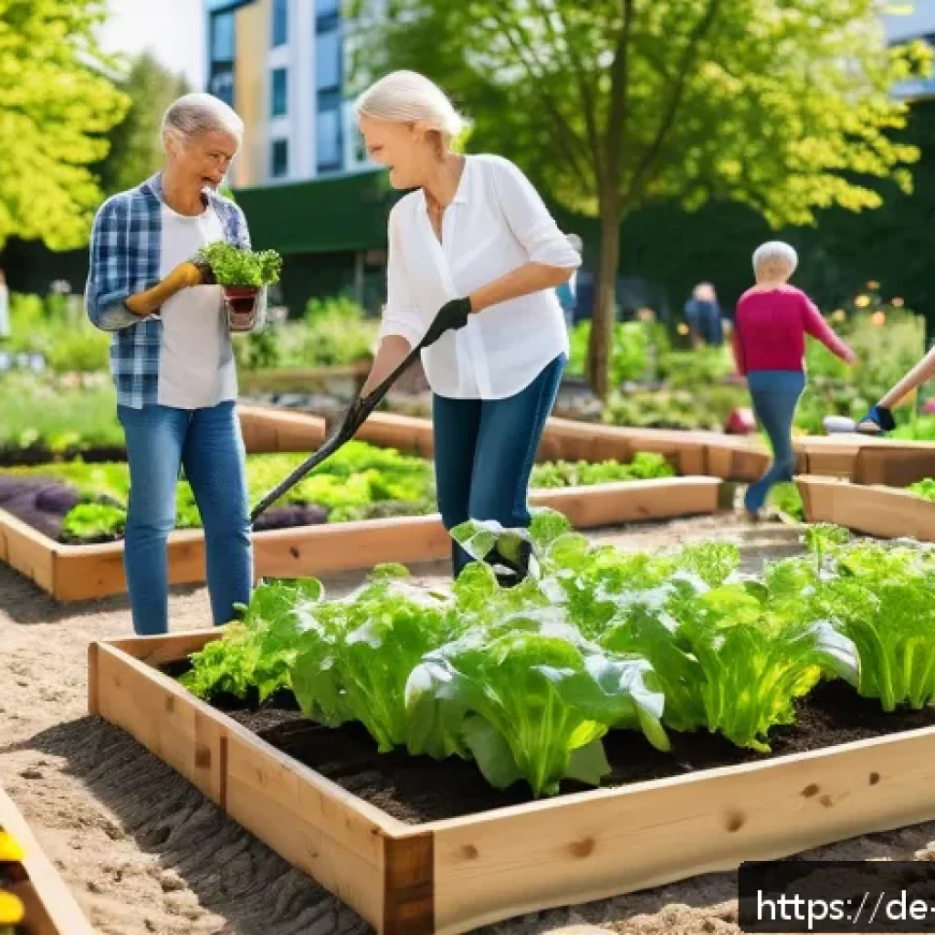 사회적 경제와 협동조합 - A vibrant neighborhood community garden scene in a European city, showing diverse people of various ...