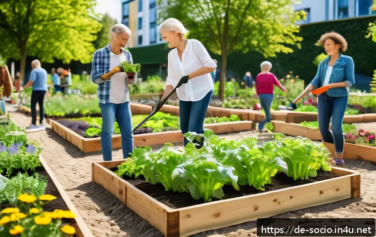 사회적 경제와 협동조합 - A vibrant neighborhood community garden scene in a European city, showing diverse people of various ...