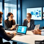 사회적 연결망과 혁신 확산 - A modern office scene showing a diverse group of professionals in business casual attire collaborati...