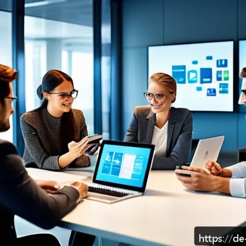 사회적 연결망과 혁신 확산 - A modern office scene showing a diverse group of professionals in business casual attire collaborati...