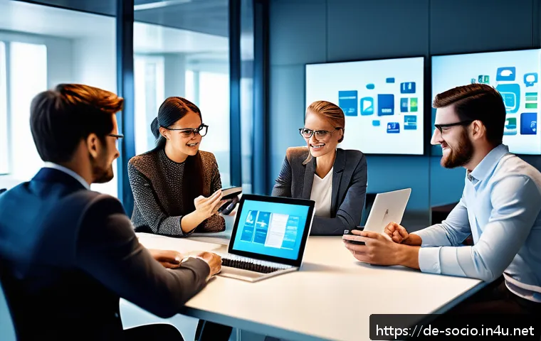 사회적 연결망과 혁신 확산 - A modern office scene showing a diverse group of professionals in business casual attire collaborati...